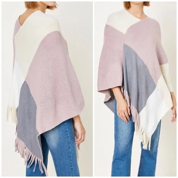 SOLD OUT Pink Colorblock Knit Sweater Fringe Poncho - Picture 1 of 1